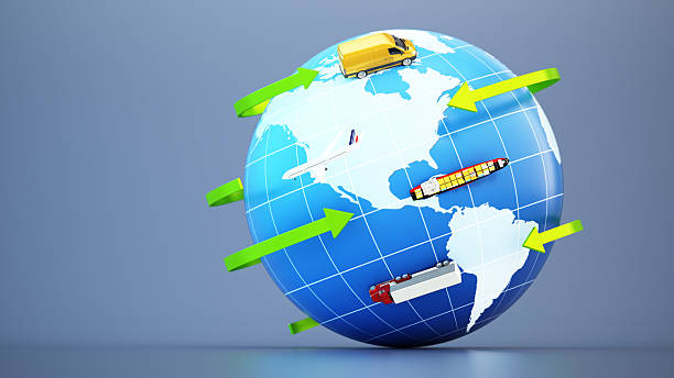 A colorful depiction of a globe with arrows illustrating the movement of goods. Various transport modes like trucks, ships, and planes emphasize global trade connections and logistics.